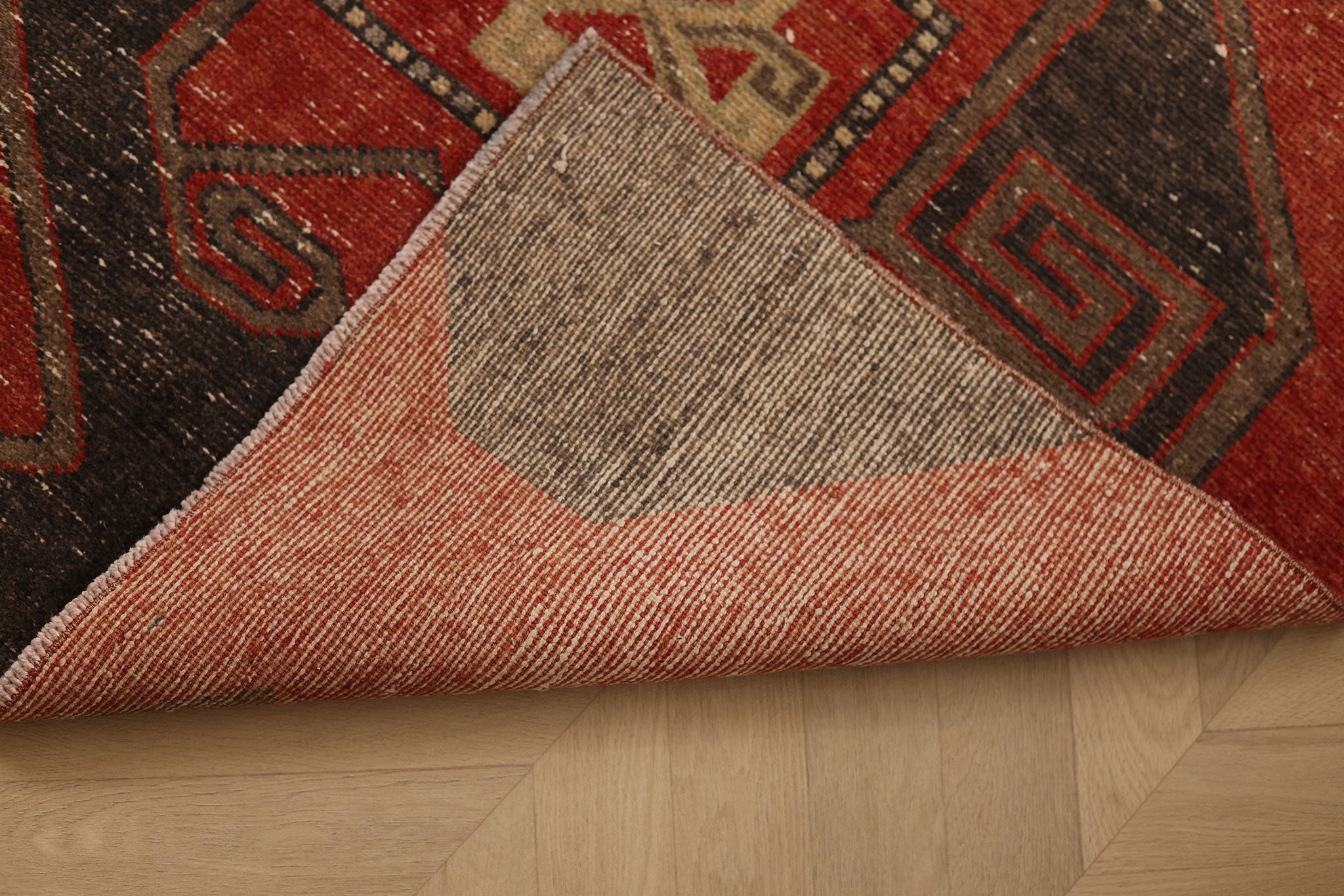 Vintage Malatya Turkish Runner Rug 3x8 ft — Red & Brown Geometric