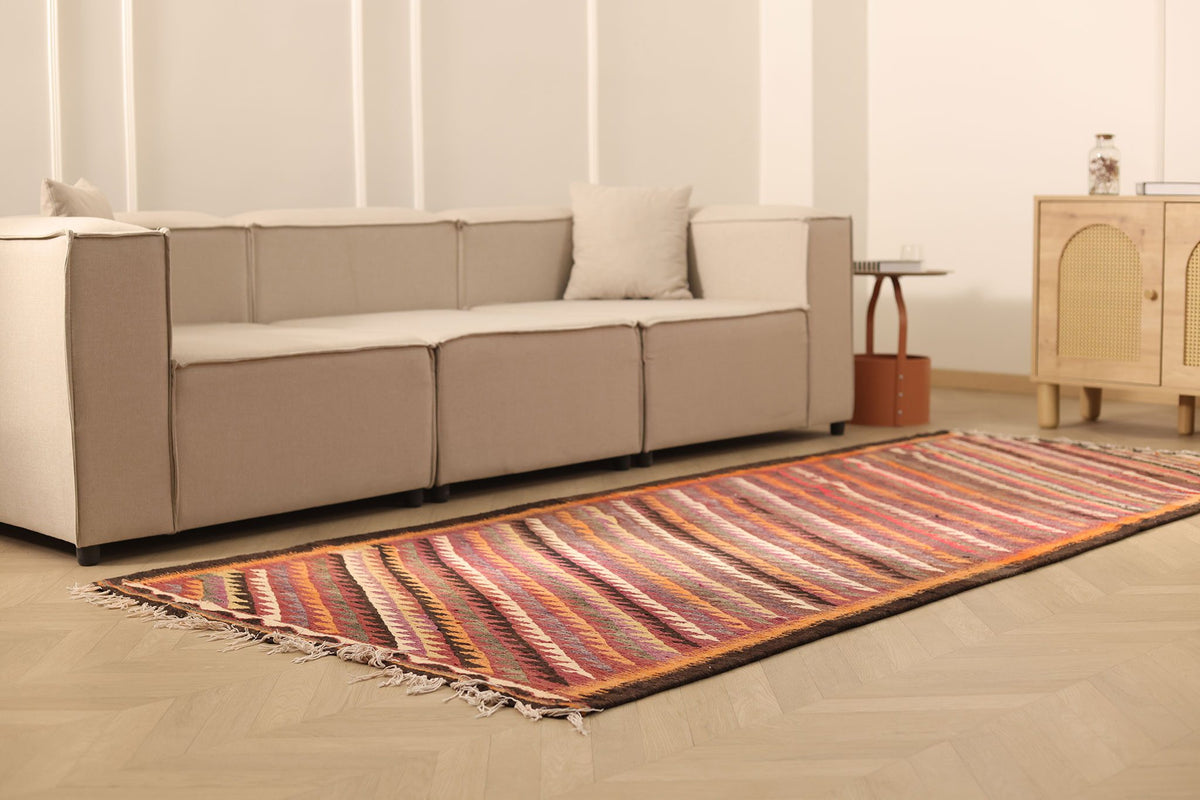 Vintage Southeastern Persian Style Kilim Runner Rug 4x10 ft — Red & Orange Geometric