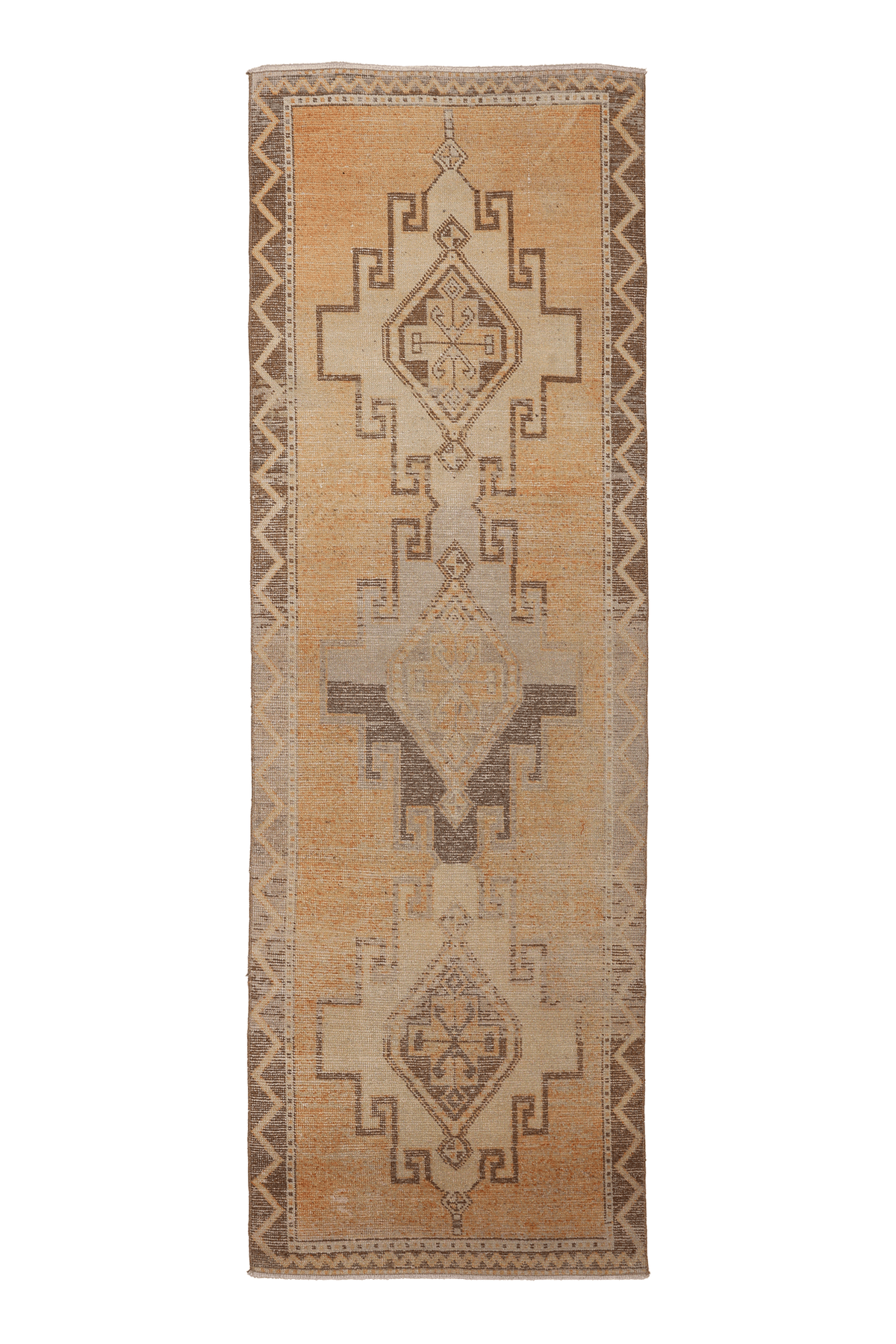 Vintage Malatya Turkish Runner Rug 3x10 ft — Beige & Orange Geometric