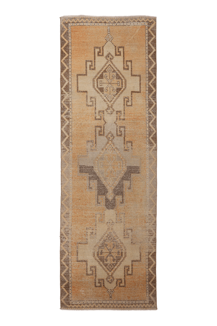 Vintage Malatya Turkish Runner Rug 3x10 ft — Beige & Orange Geometric