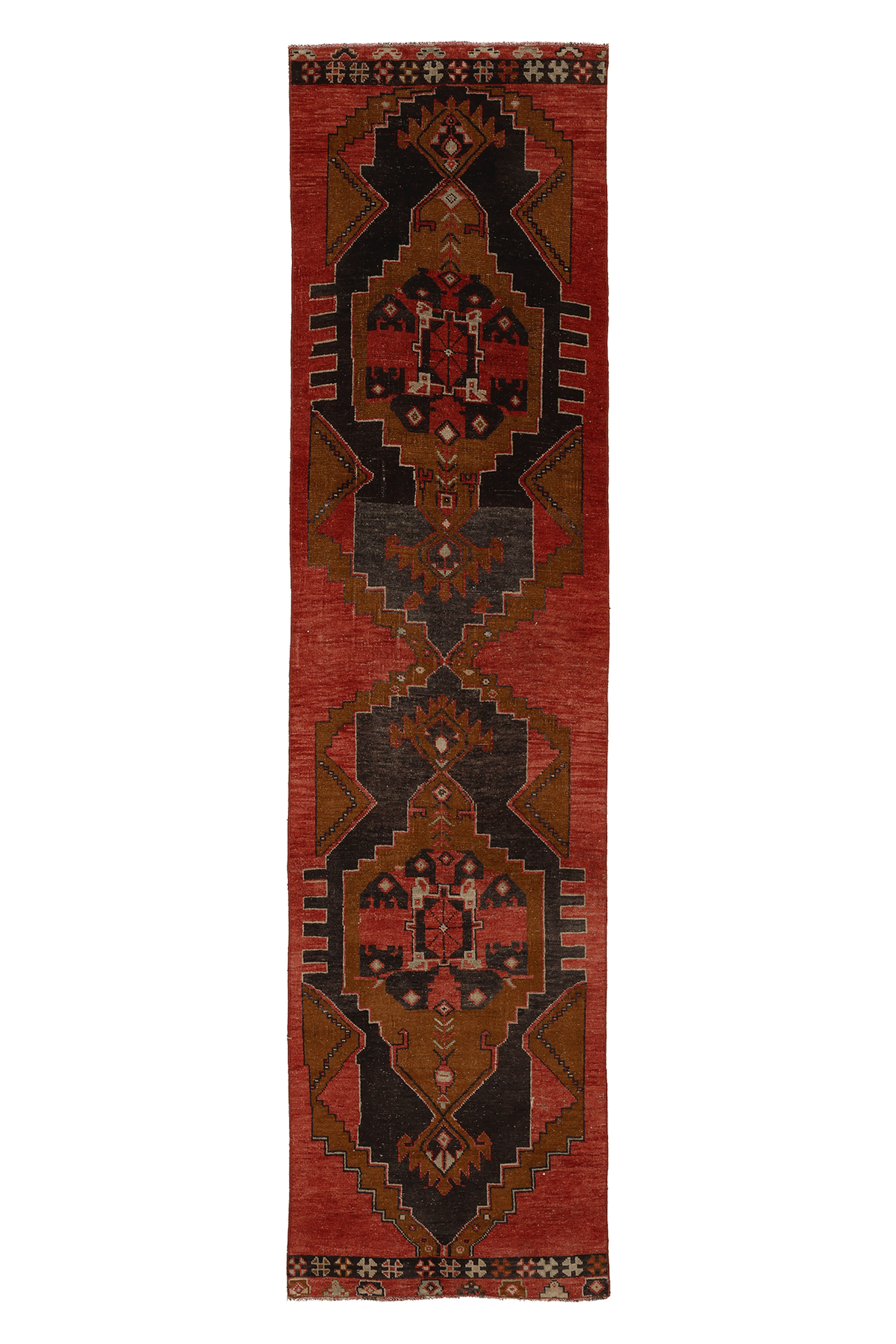 Vintage Malatya Turkish Runner Rug 2x10 ft — Red & Brown Geometric