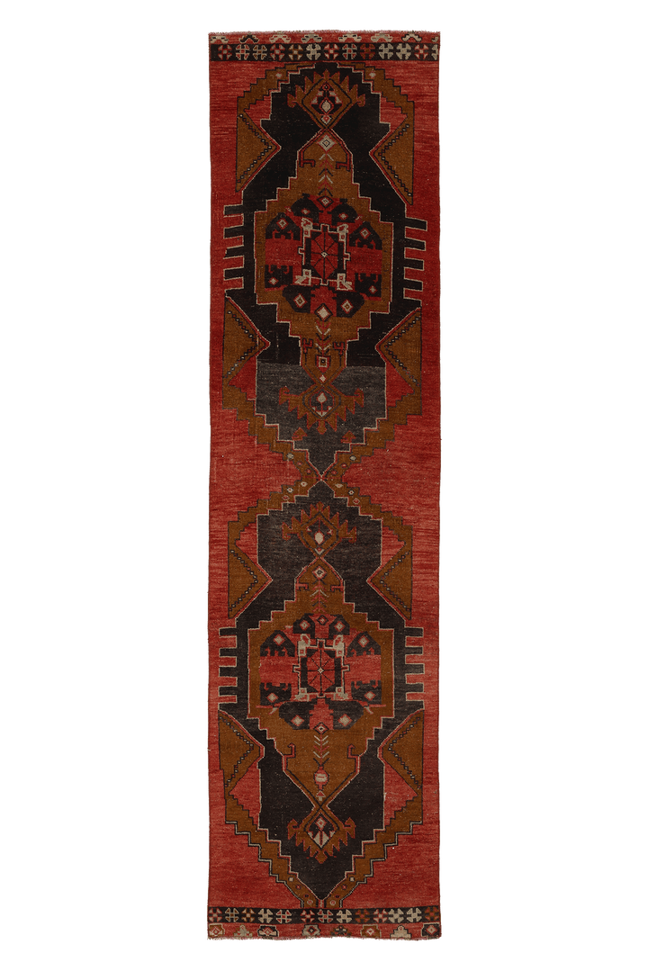 Vintage Malatya Turkish Runner Rug 2x10 ft — Red & Brown Geometric