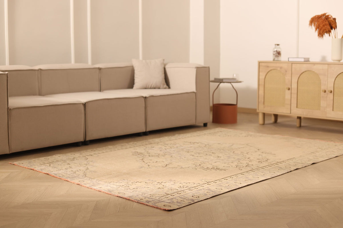 Vintage Manisa Turkish Area Rug 6x8 ft — Beige & Brown Floral