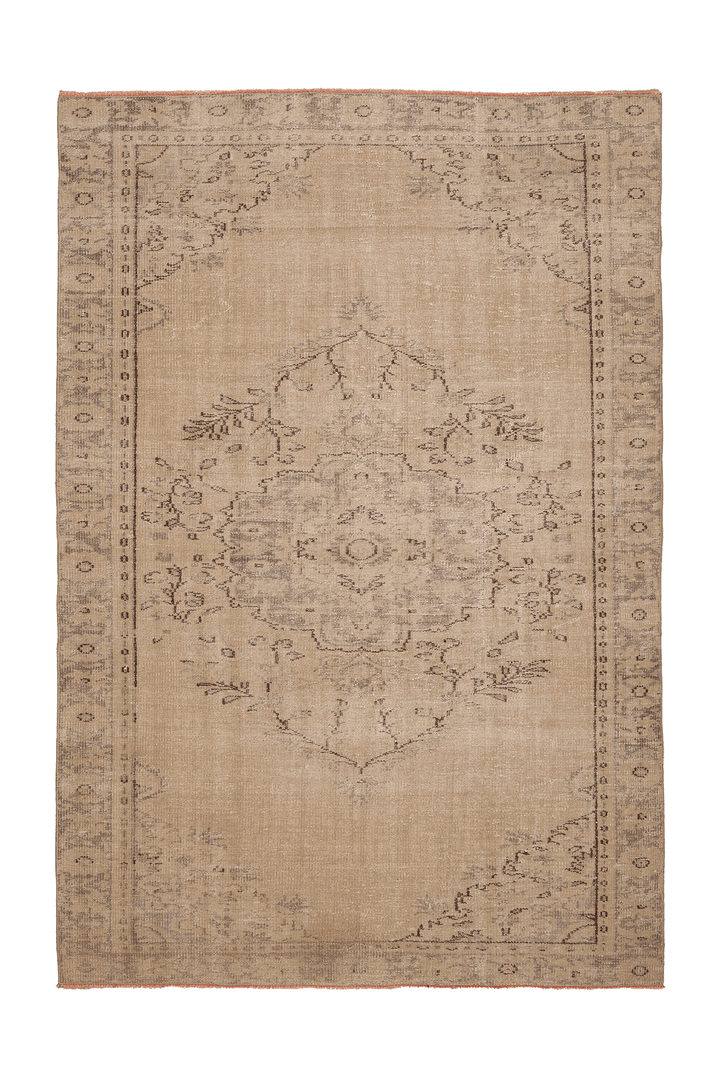 Vintage Manisa Turkish Area Rug 6x8 ft — Beige & Brown Floral