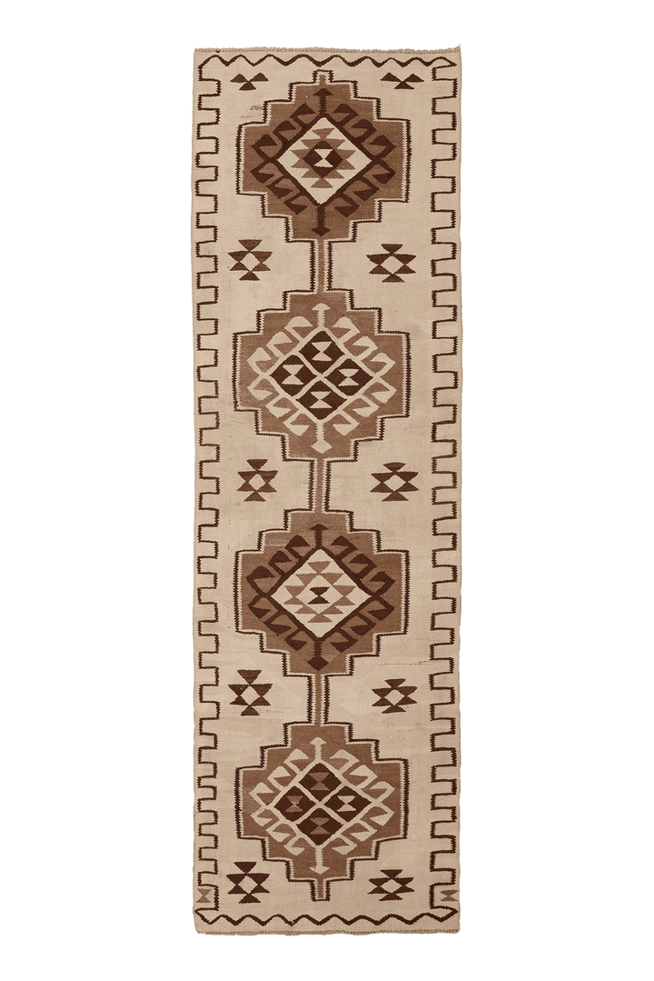 Vintage Southeastern Persian Style Kilim Runner Rug 3x10 ft — Beige & Brown Geometric
