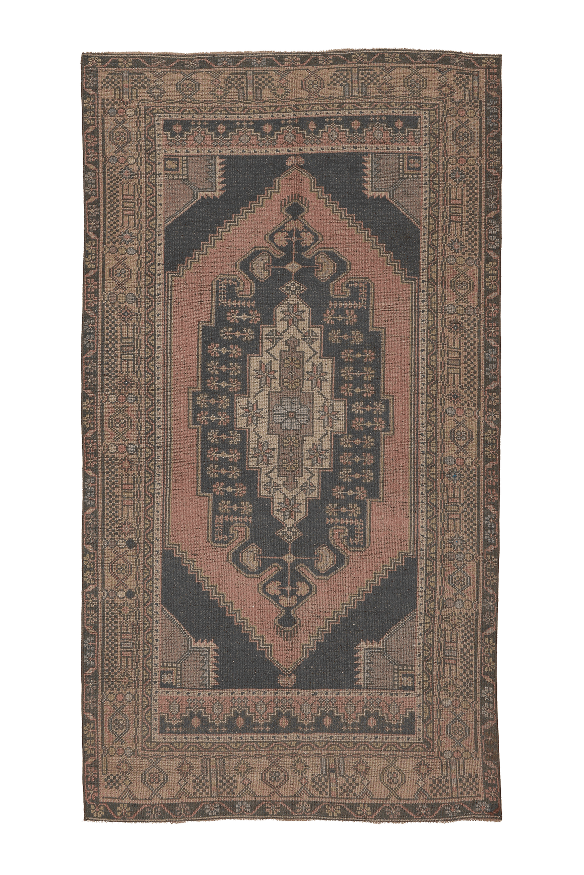 Vintage Aksaray Turkish Area Rug 4x8 ft — Brown & Pink Geometric