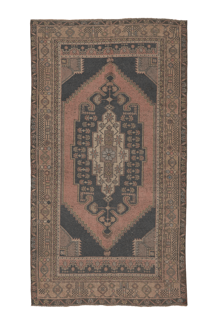 Vintage Aksaray Turkish Area Rug 4x8 ft — Brown & Pink Geometric