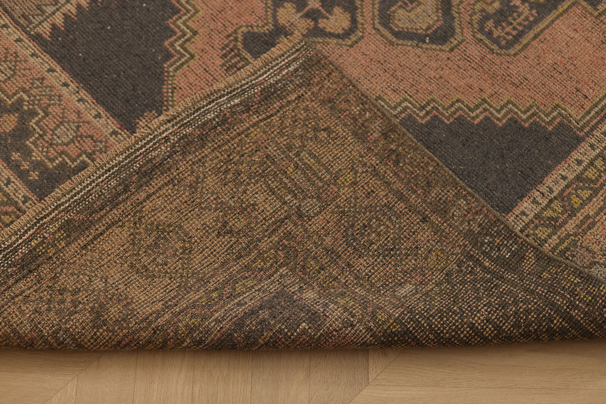 Vintage Aksaray Turkish Area Rug 4x8 ft — Brown & Pink Geometric