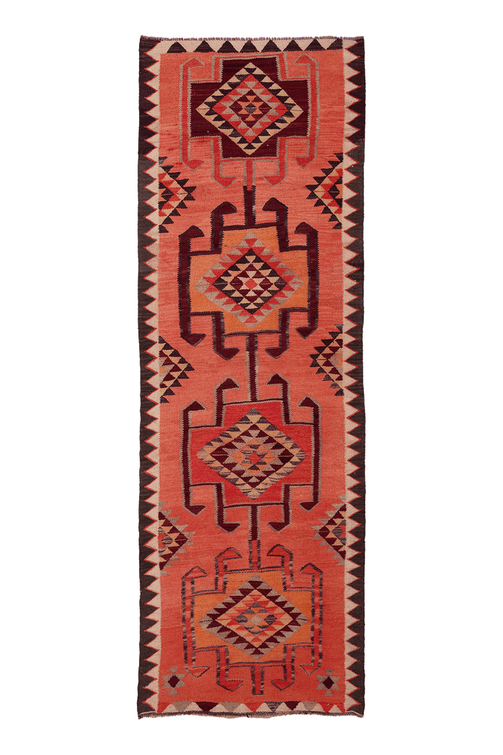Vintage Southeastern Persian Style Kilim Runner Rug 3x10 ft — Orange & Red Geometric