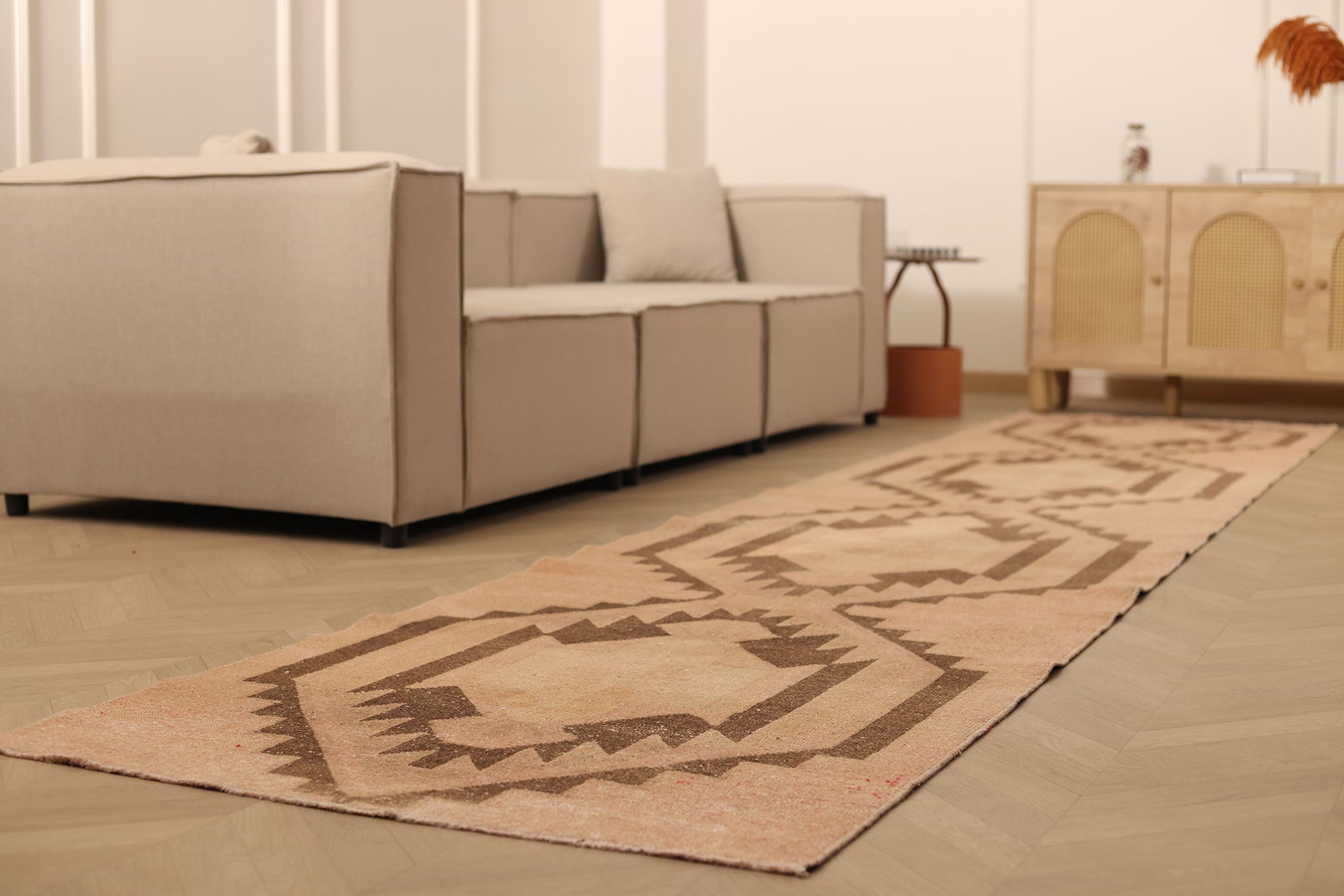 Vintage Malatya Turkish Runner Rug 3x15 ft — Beige & Brown Southwestern