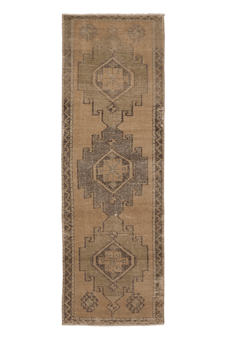 Vintage Malatya Turkish Runner Rug 3x10 ft — Beige & Brown Geometric (No. 62506)