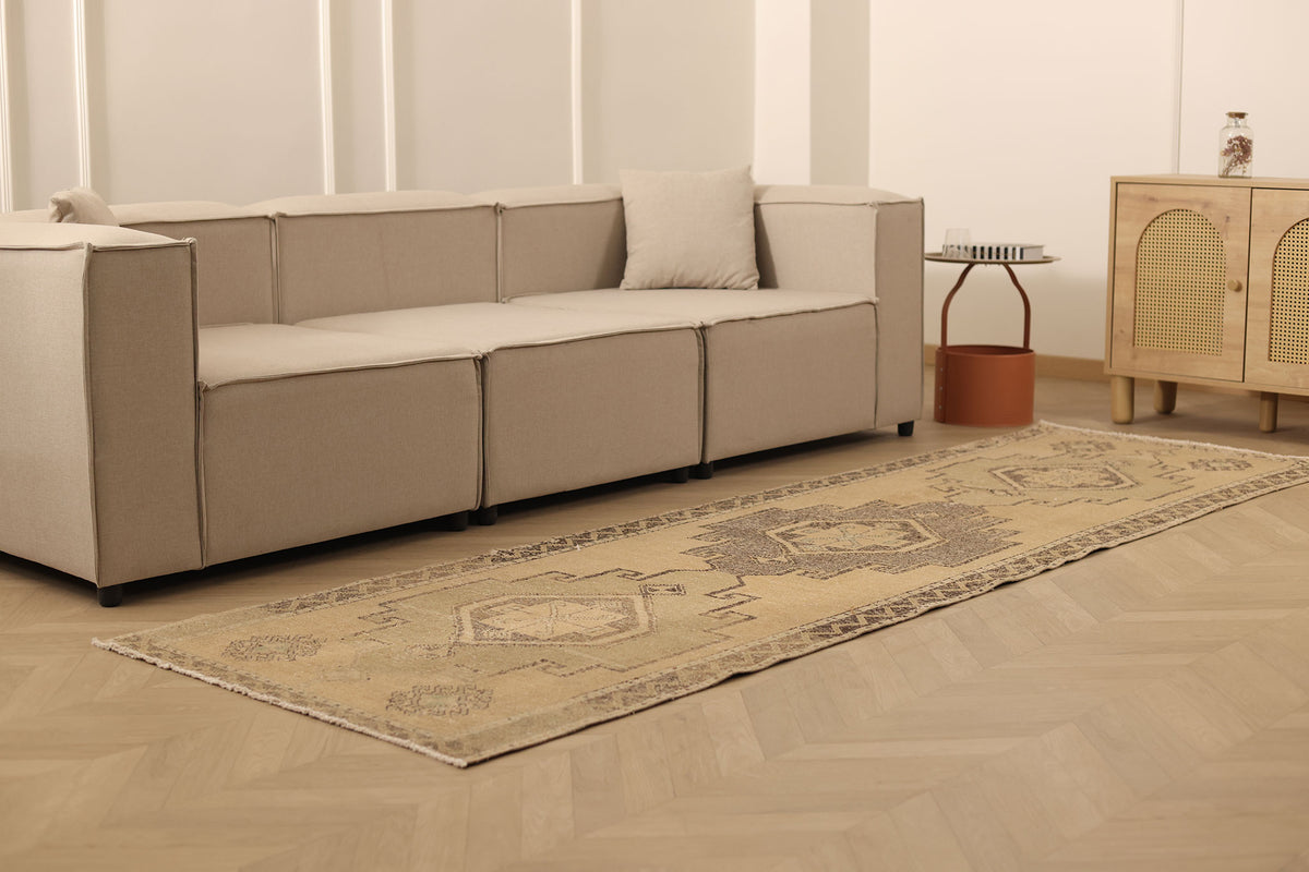Vintage Malatya Turkish Runner Rug 3x10 ft — Beige & Brown Geometric (No. 62506)