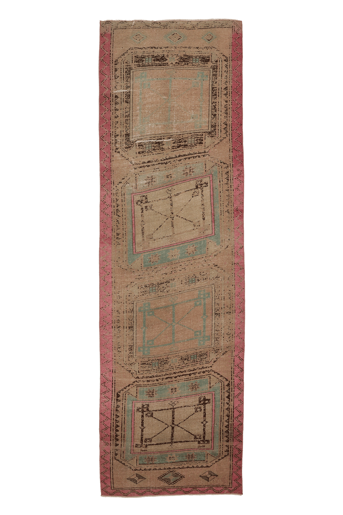 Vintage Malatya Turkish Runner Rug 3x11 ft — Beige & Pink Geometric