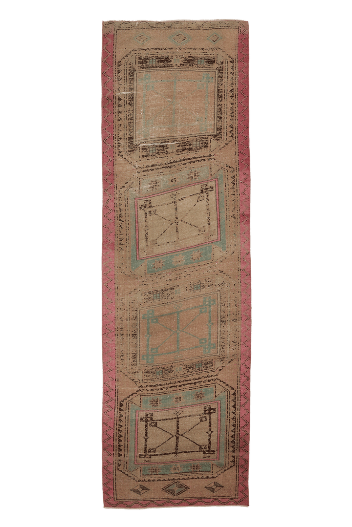Vintage Malatya Turkish Runner Rug 3x11 ft — Beige & Pink Geometric