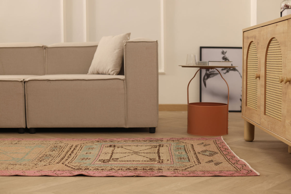 Vintage Malatya Turkish Runner Rug 3x11 ft — Beige & Pink Geometric