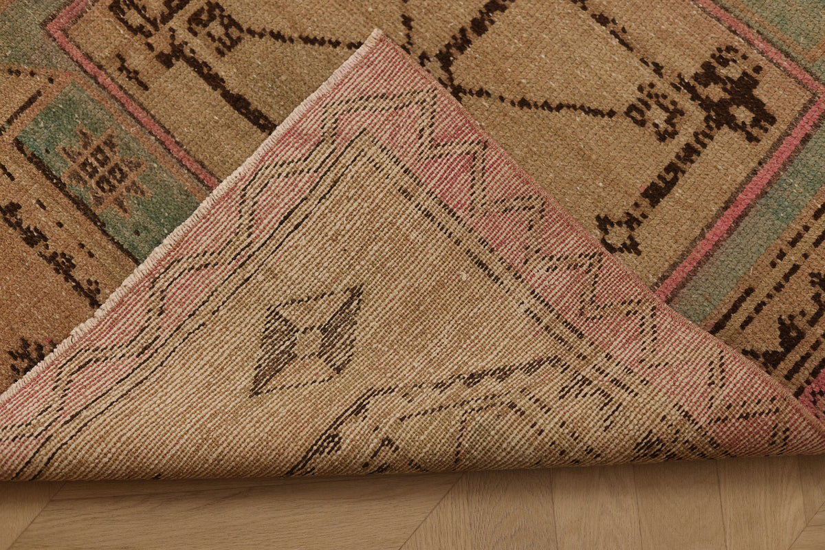 Vintage Malatya Turkish Runner Rug 3x11 ft — Beige & Pink Geometric