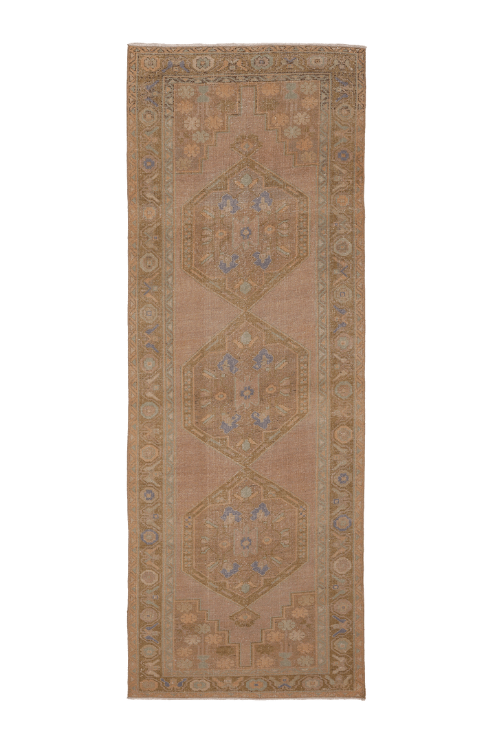 Vintage Niğde Turkish Runner Rug 3x10 ft — Beige & Brown Geometric