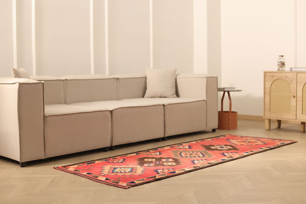 Vintage Southeastern Persian Style Kilim Runner Rug 3x8 ft — Red & Brown Geometric