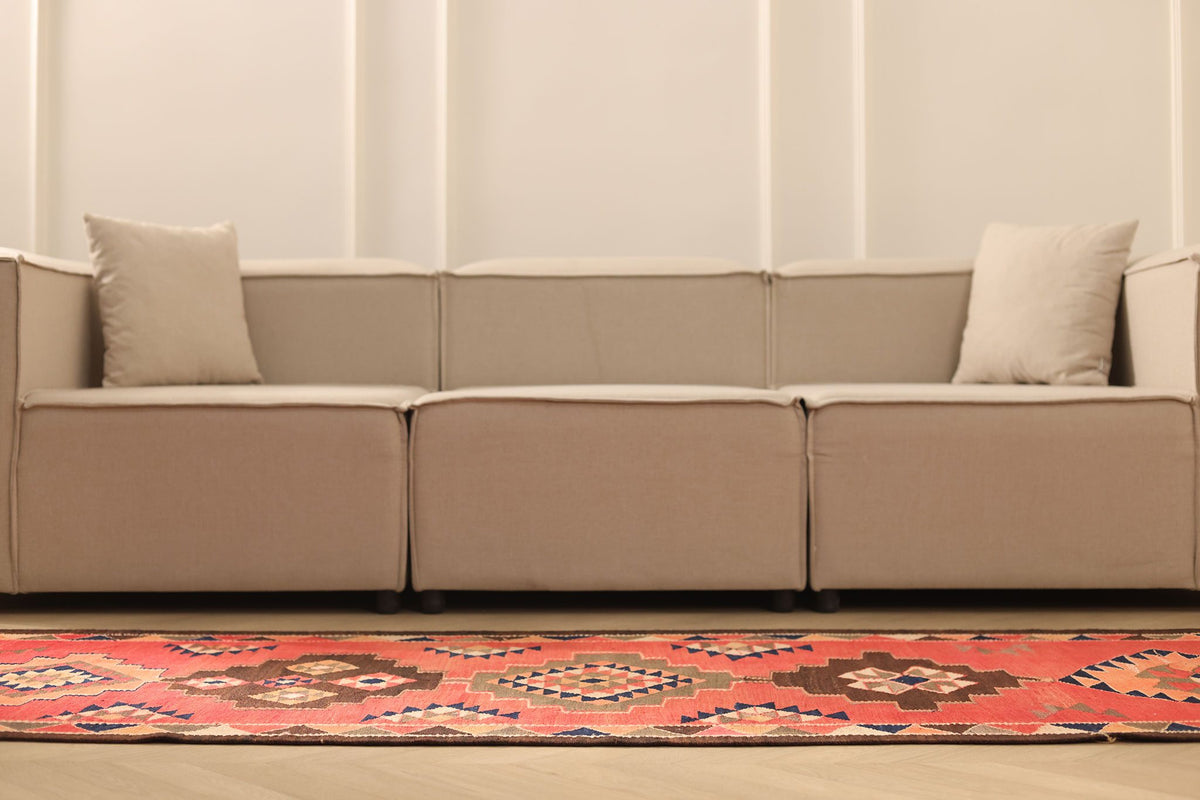 Vintage Southeastern Persian Style Kilim Runner Rug 3x8 ft — Red & Brown Geometric