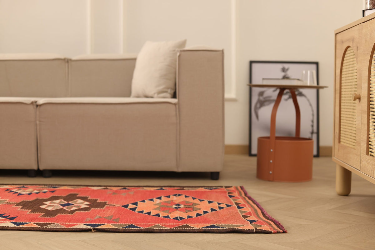 Vintage Southeastern Persian Style Kilim Runner Rug 3x8 ft — Red & Brown Geometric