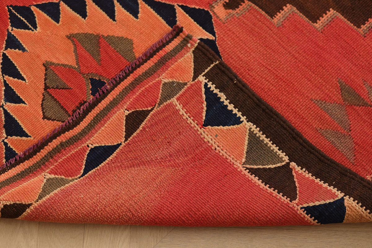 Vintage Southeastern Persian Style Kilim Runner Rug 3x8 ft — Red & Brown Geometric