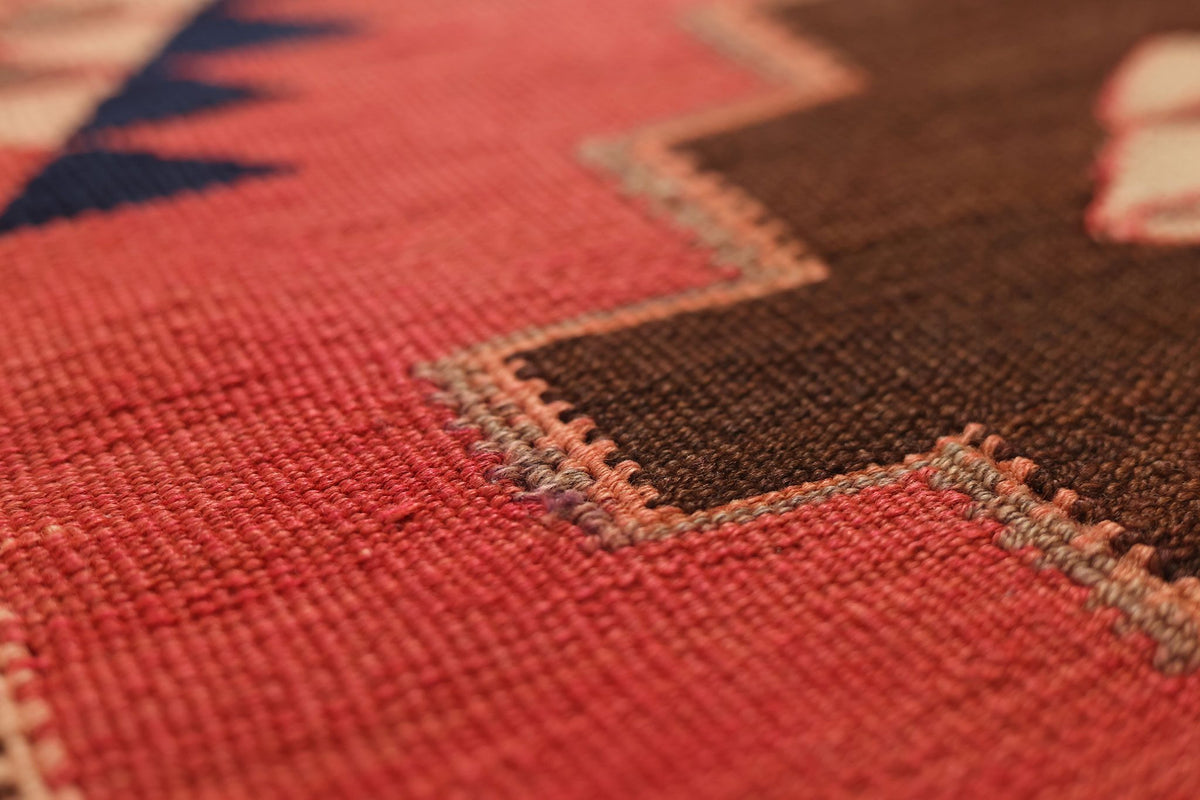 Vintage Southeastern Persian Style Kilim Runner Rug 3x8 ft — Red & Brown Geometric