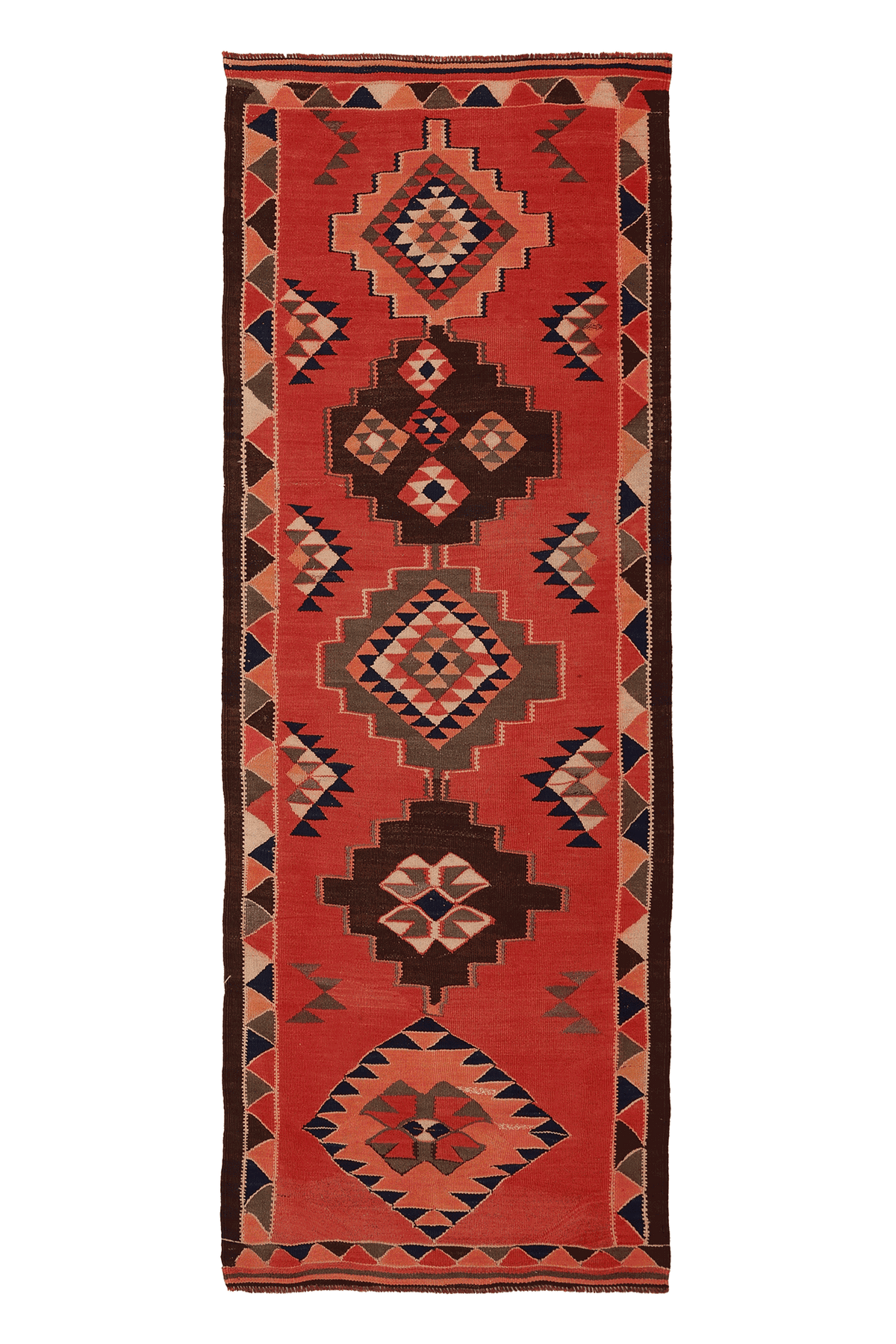 Vintage Southeastern Persian Style Kilim Runner Rug 3x8 ft — Red & Brown Geometric