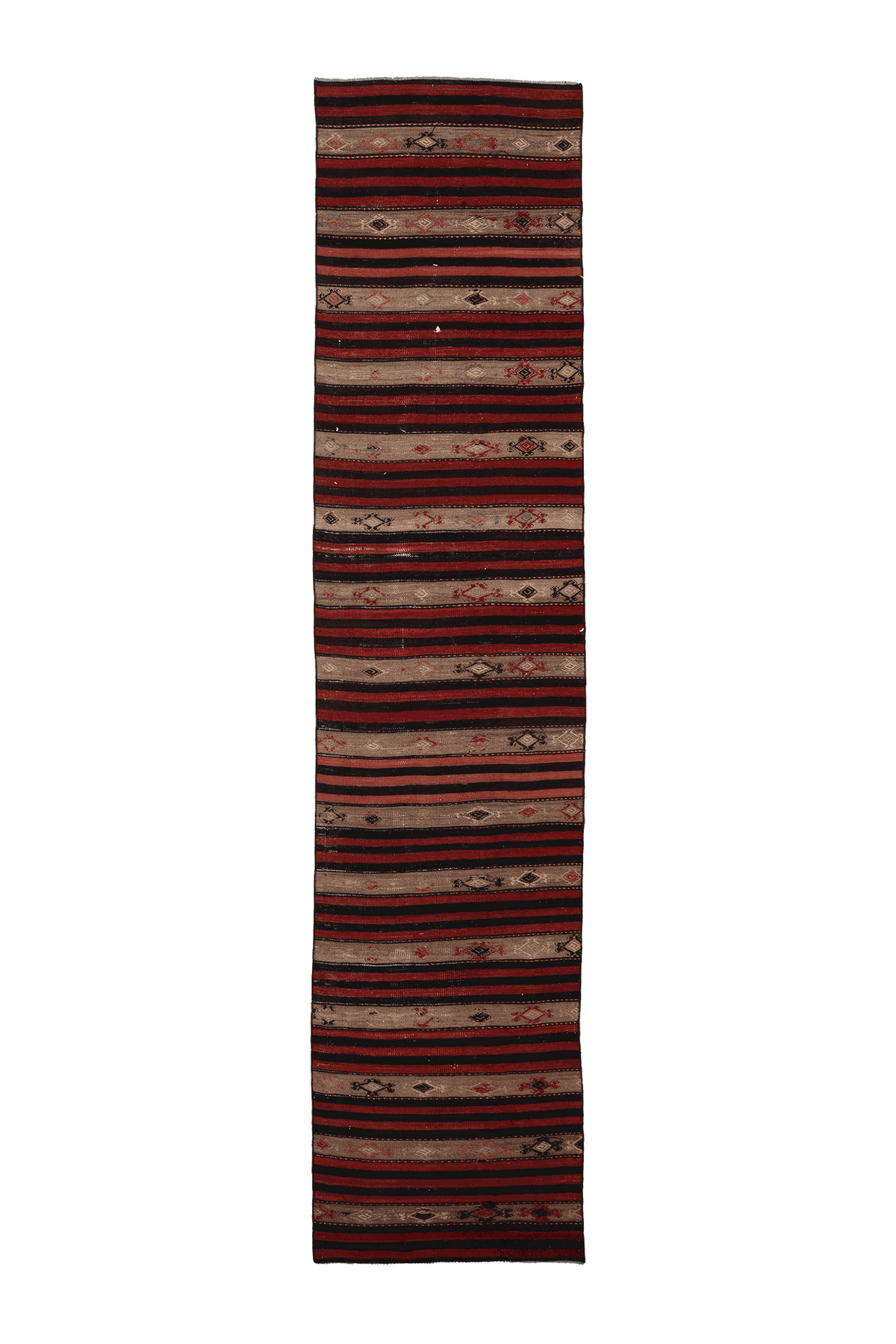 Vintage Malatya Turkish Kilim Runner Rug 3x12 ft — Red & Brown Geometric