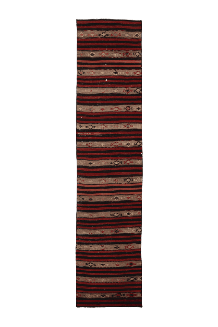 Vintage Malatya Turkish Kilim Runner Rug 3x12 ft — Red & Brown Geometric