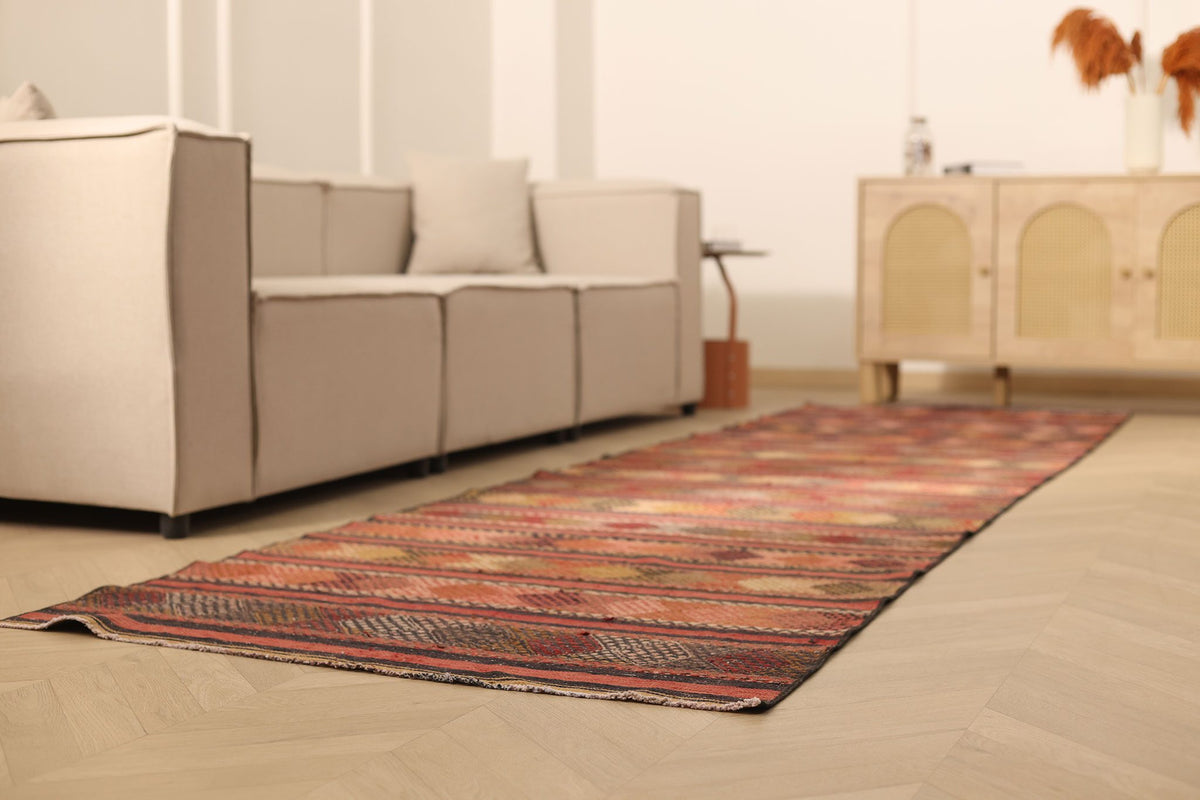 Vintage Malatya Turkish Kilim Runner Rug 3x13 ft — Brown & Red Geometric