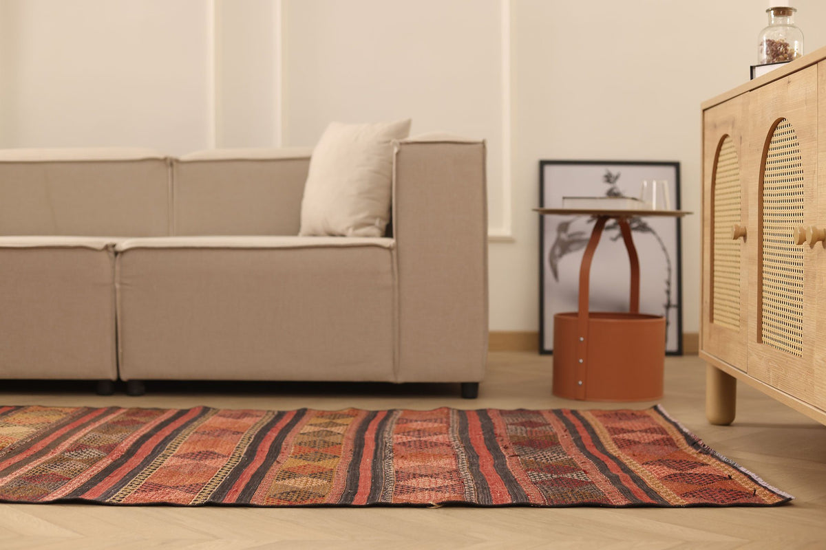 Vintage Malatya Turkish Kilim Runner Rug 3x13 ft — Brown & Red Geometric