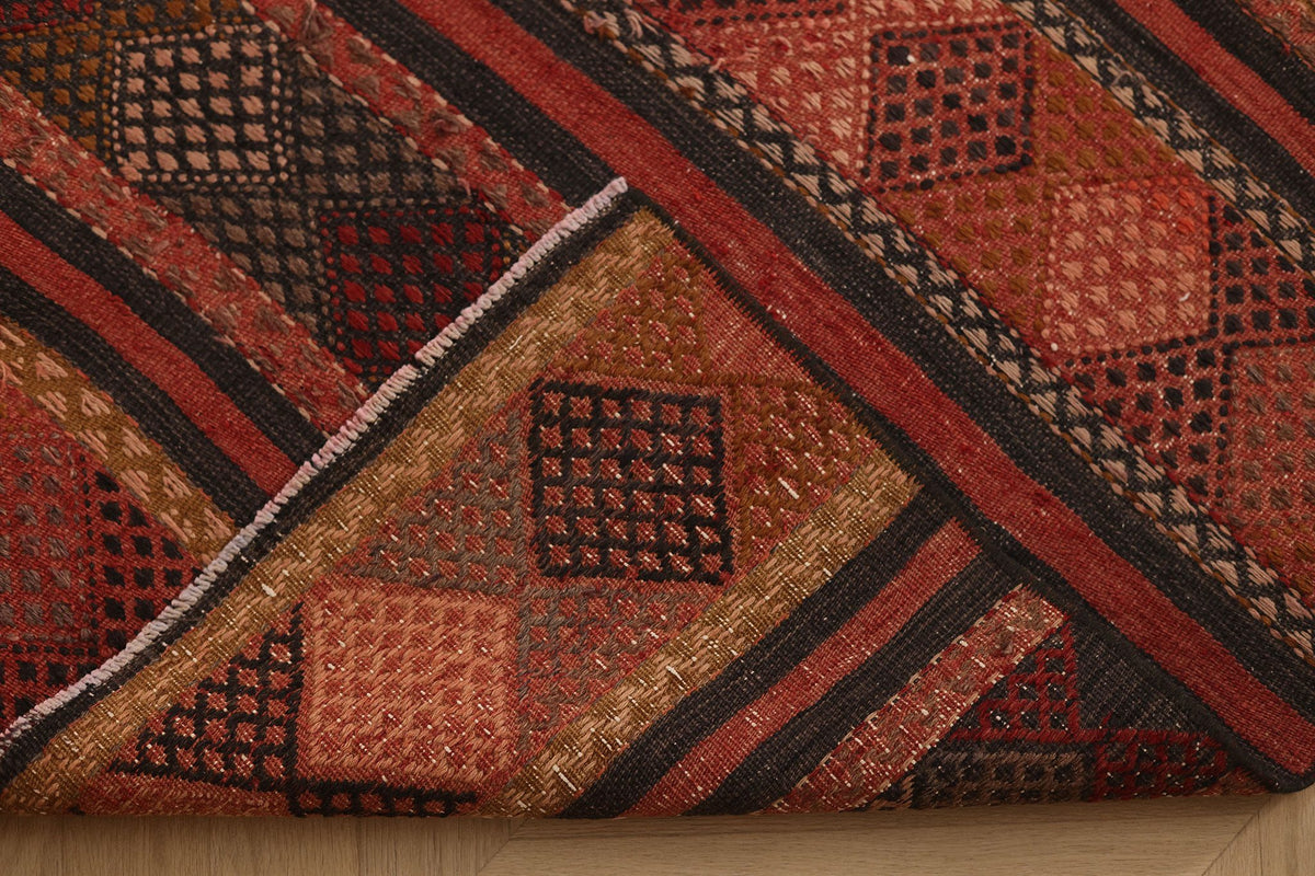 Vintage Malatya Turkish Kilim Runner Rug 3x13 ft — Brown & Red Geometric