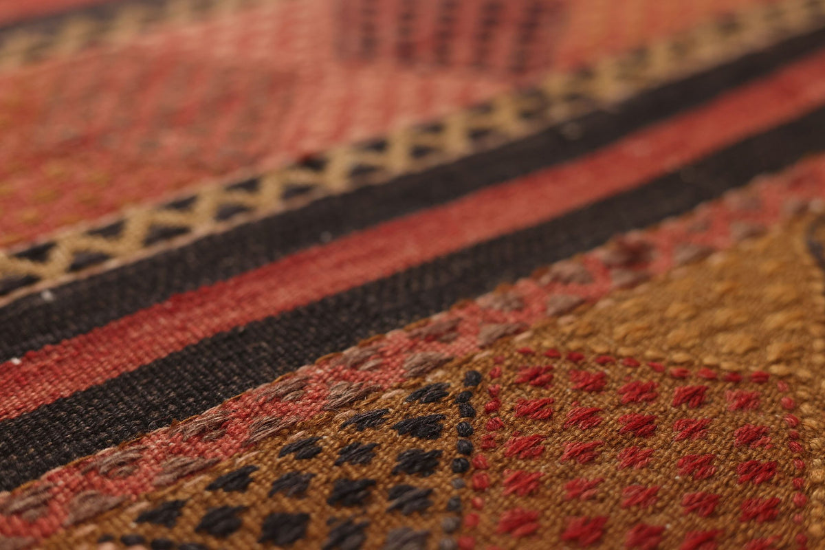 Vintage Malatya Turkish Kilim Runner Rug 3x13 ft — Brown & Red Geometric