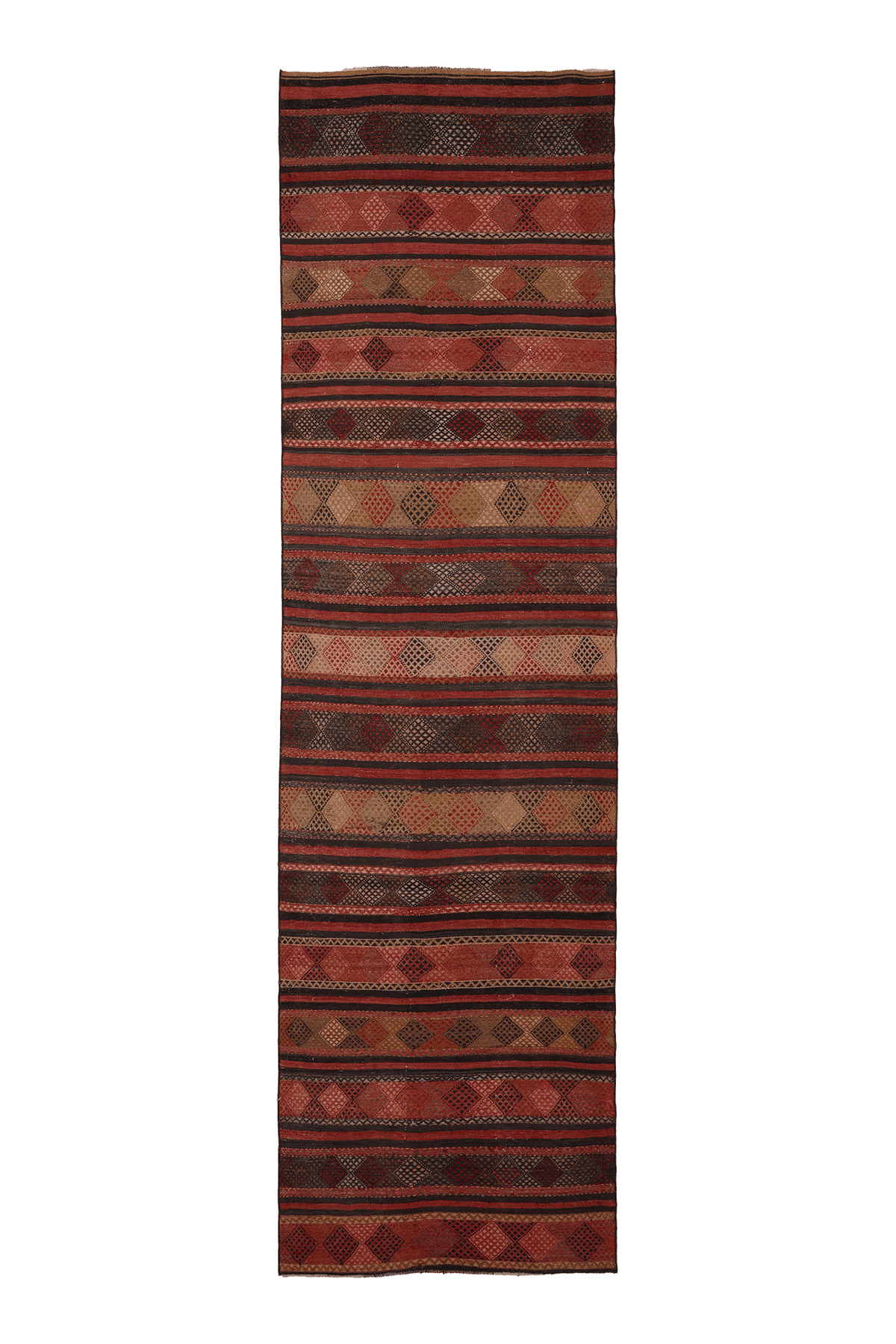 Vintage Malatya Turkish Kilim Runner Rug 3x13 ft — Brown & Red Geometric