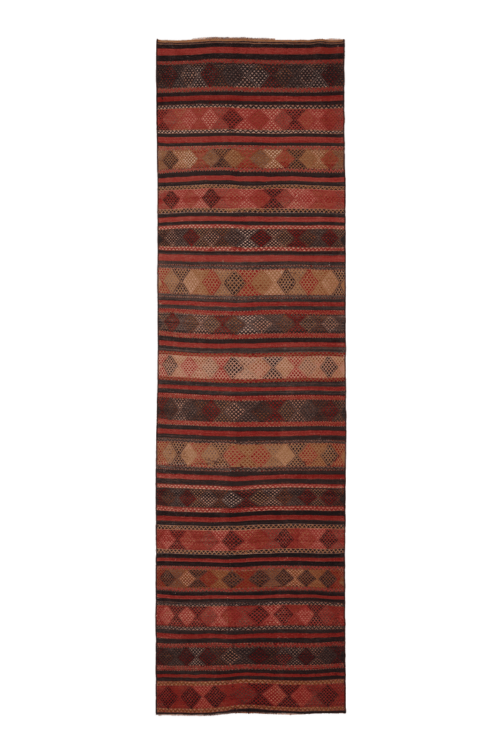 Vintage Malatya Turkish Kilim Runner Rug 3x13 ft — Brown & Red Geometric
