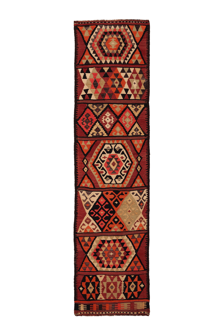 Vintage Southeastern Patchwork Runner Rug 3x12 ft — Red & Brown Geometric