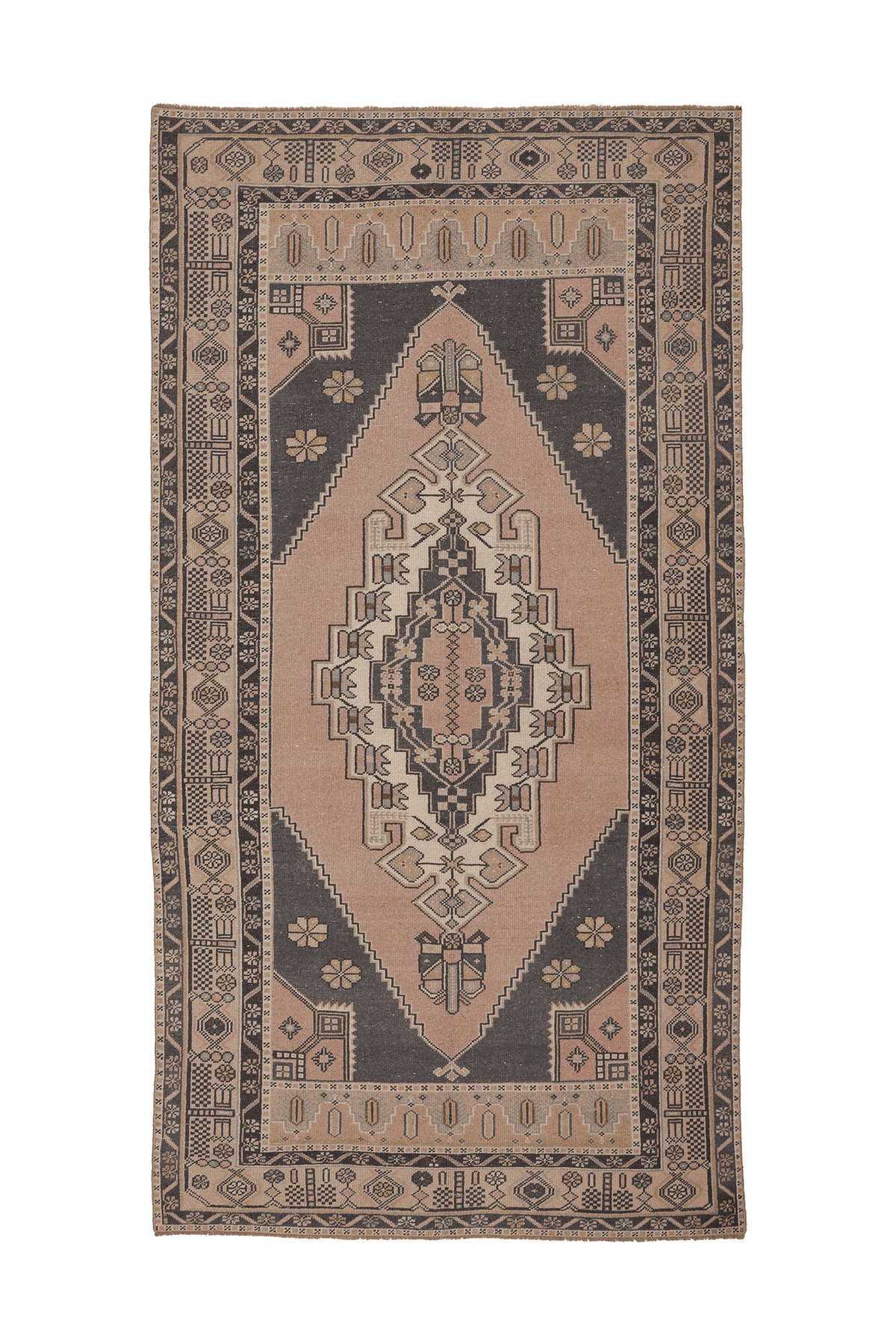 Vintage Kayseri Turkish Area Rug 4x8 ft — Pink & Gray Geometric