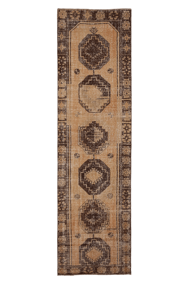 Vintage Malatya Turkish Runner Rug 3x13 ft — Beige & Brown Geometric (No. 62558)