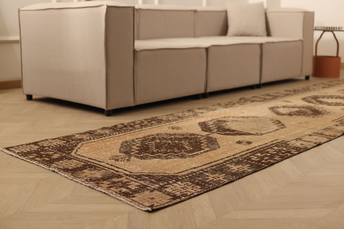 Vintage Malatya Turkish Runner Rug 3x13 ft — Beige & Brown Geometric (No. 62558)