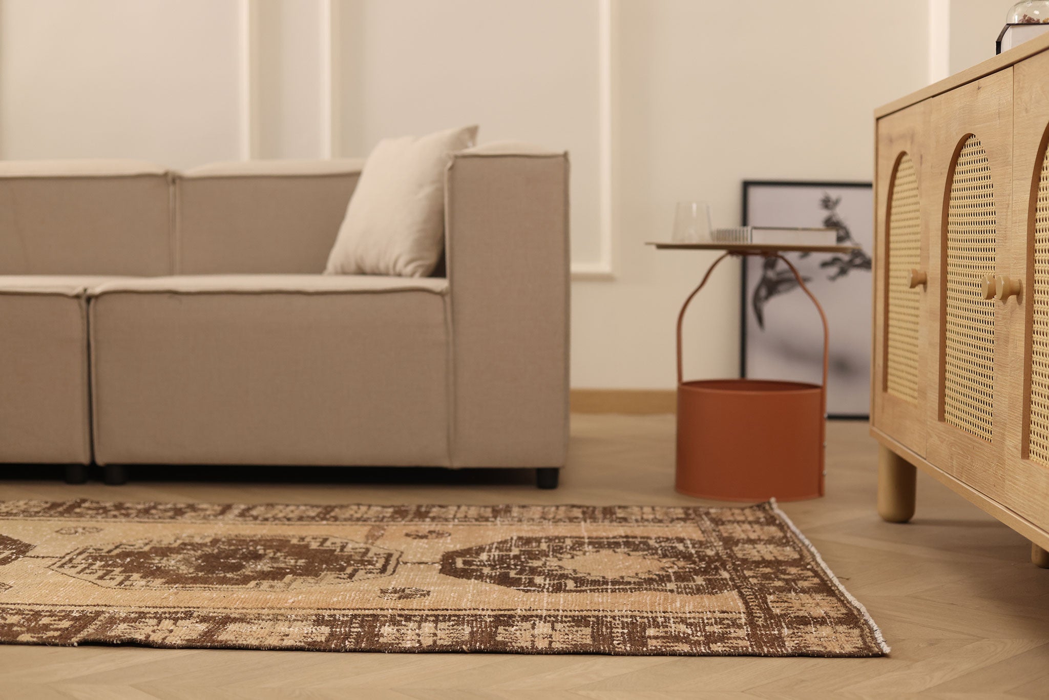 Vintage Malatya Turkish Runner Rug 3x13 ft — Beige & Brown Geometric (No. 62558)