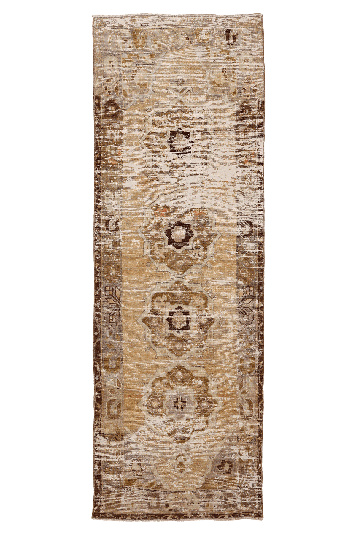 Vintage Niğde Turkish Runner Rug 1x8 ft — Beige & Brown Distressed