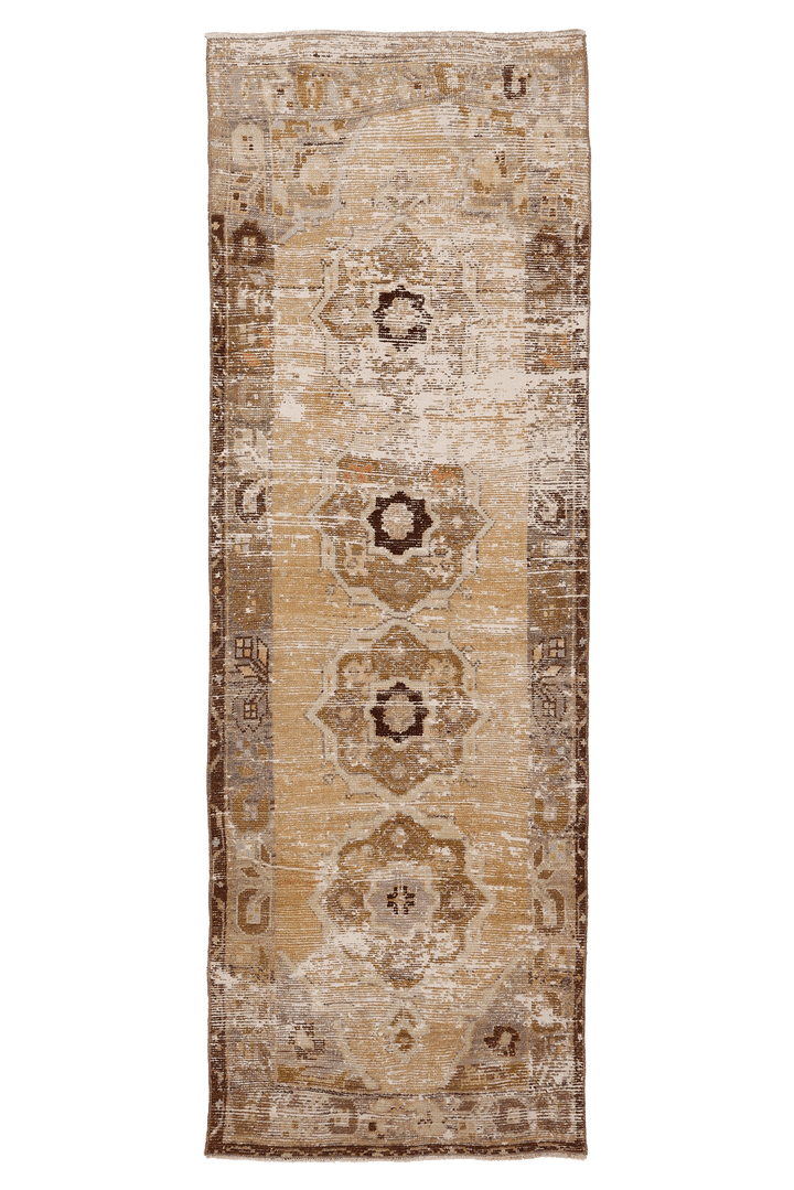 Vintage Niğde Turkish Runner Rug 1x8 ft — Beige & Brown Distressed
