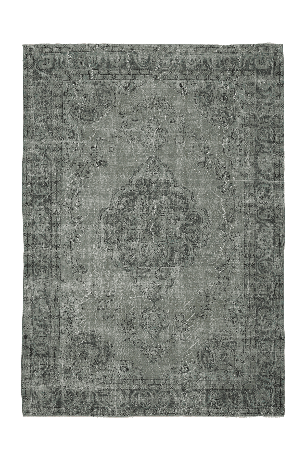 Vintage Isparta Turkish Area Rug 7x10 ft — Gray & Green Floral