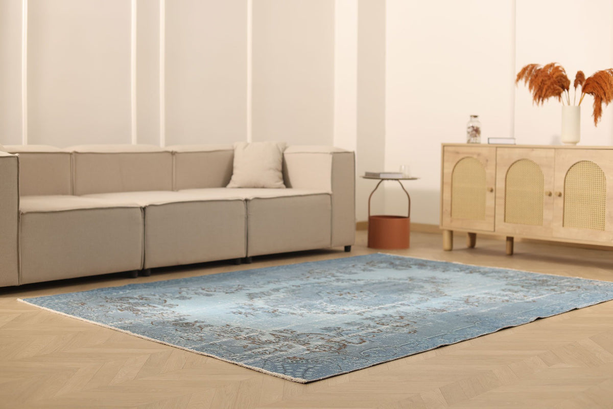 Vintage Isparta Turkish Area Rug 7x9 ft — Blue & Gray Overdyed