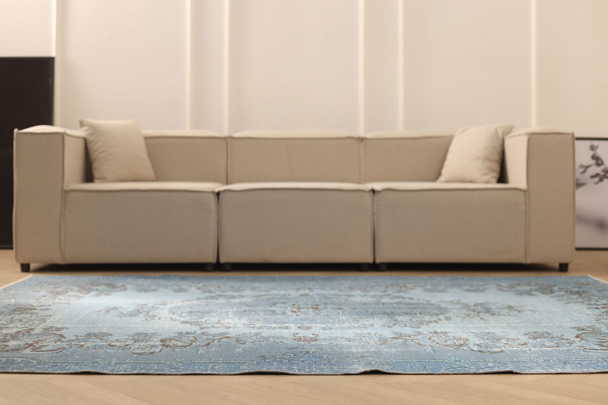 Vintage Isparta Turkish Area Rug 7x9 ft — Blue & Gray Overdyed