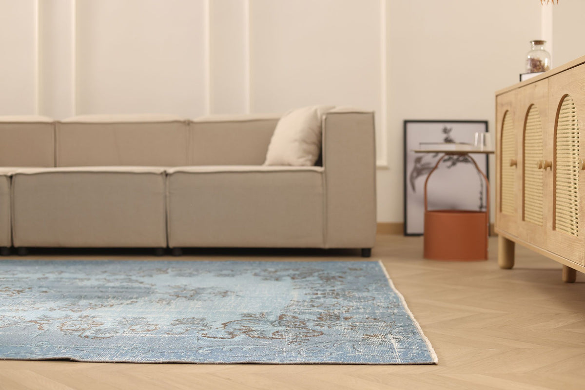 Vintage Isparta Turkish Area Rug 7x9 ft — Blue & Gray Overdyed