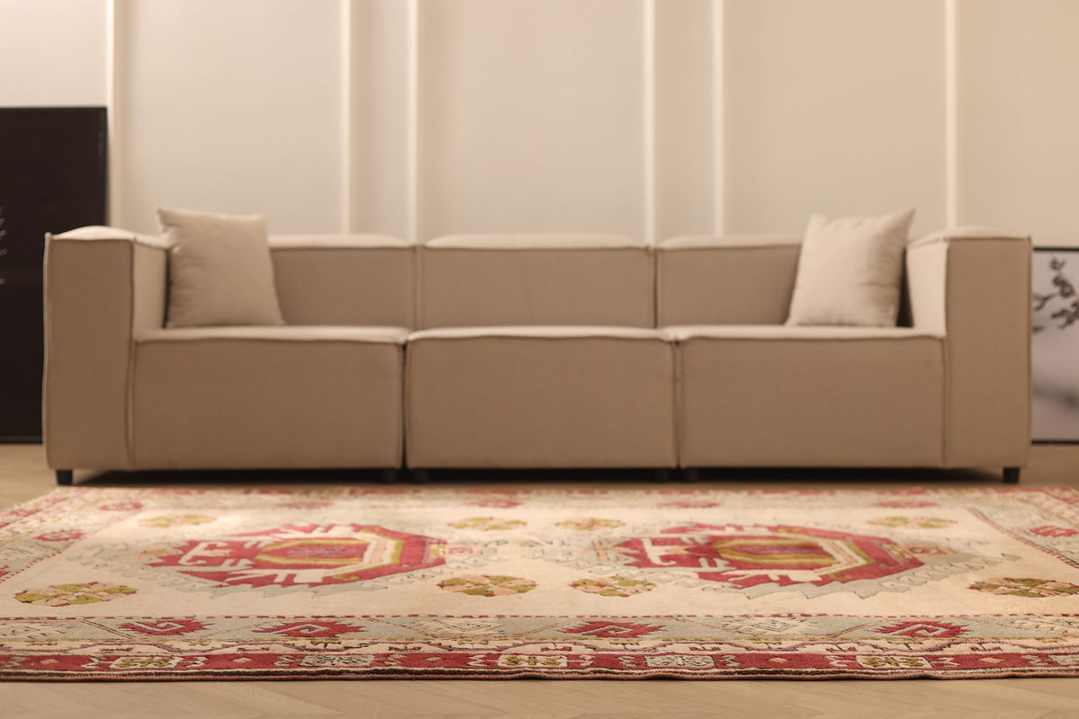 Vintage Niğde Turkish Area Rug 7x9 ft — Beige & Red Geometric