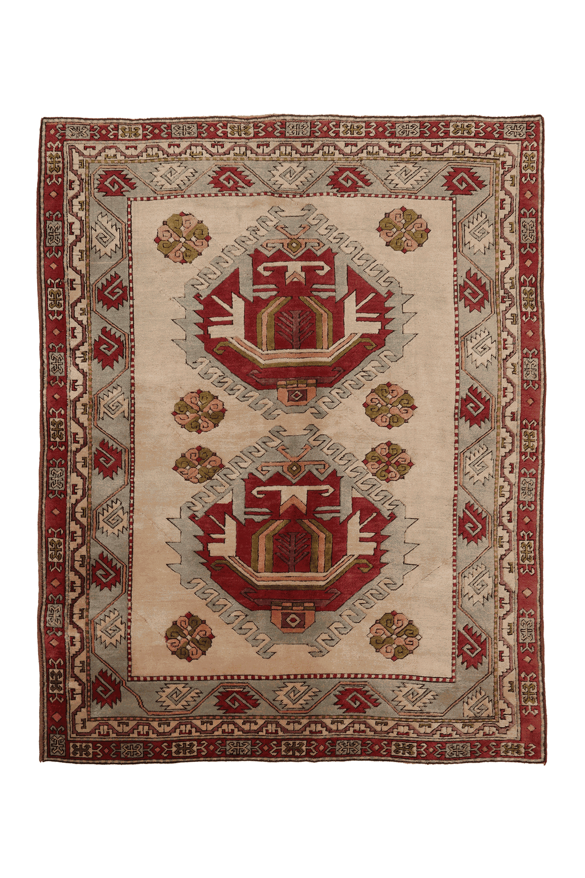 Vintage Niğde Turkish Area Rug 7x9 ft — Beige & Red Geometric
