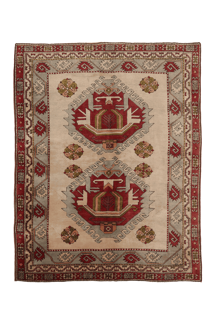Vintage Niğde Turkish Area Rug 7x9 ft — Beige & Red Geometric