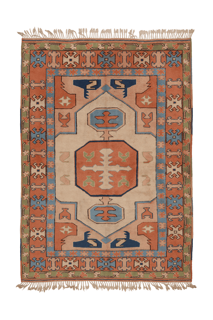 Vintage Uşak Turkish Area Rug 6x8 ft — Orange & Beige Geometric